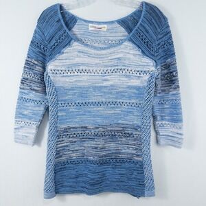 Cotton Country 3/4 Sleeve Crochet Knit Sweater Womens Medium Blue Coastal Boho